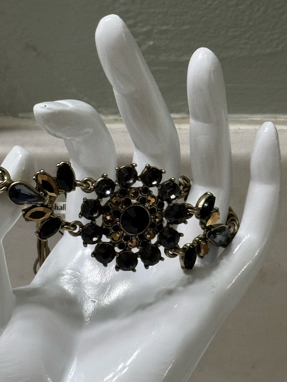 Anthropologie bracelet black and gold rhinestones adjustable